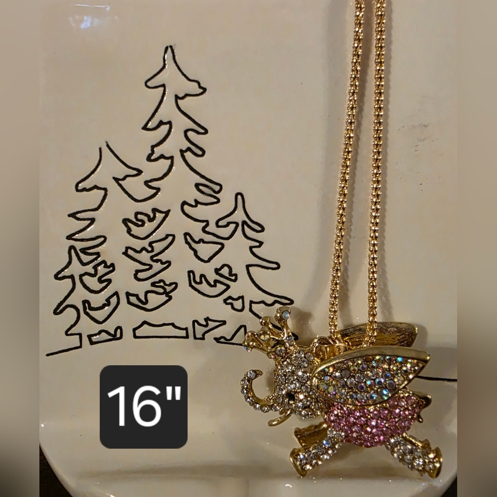 BETSY JOHNSON Gold Tone and Pink Elephant Pendant Necklace